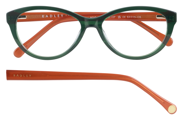Green eyeglass frame with orange temples, Radley branding visible on inside arm