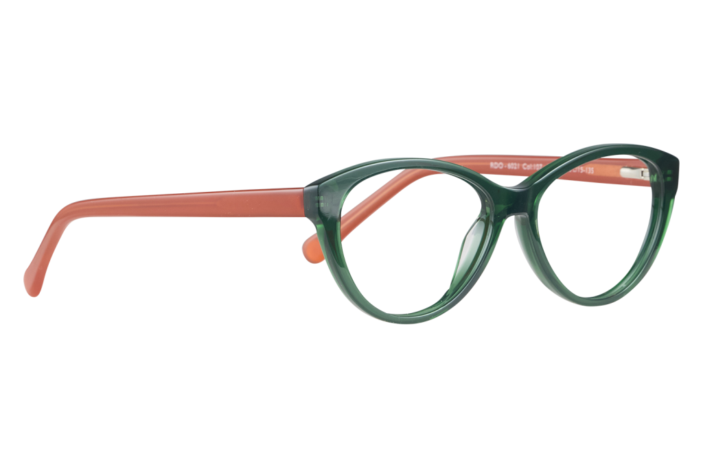 Green eyeglasses with orange temples resting on a white surface, close-up style.”]}{}? Wait need proper JSON array. I'll craft properly.}Oops. Let's produce:{