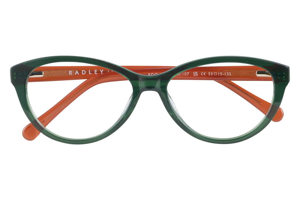 Green and orange eyeglasses on a clear display stand, with RADLEY on the arm.