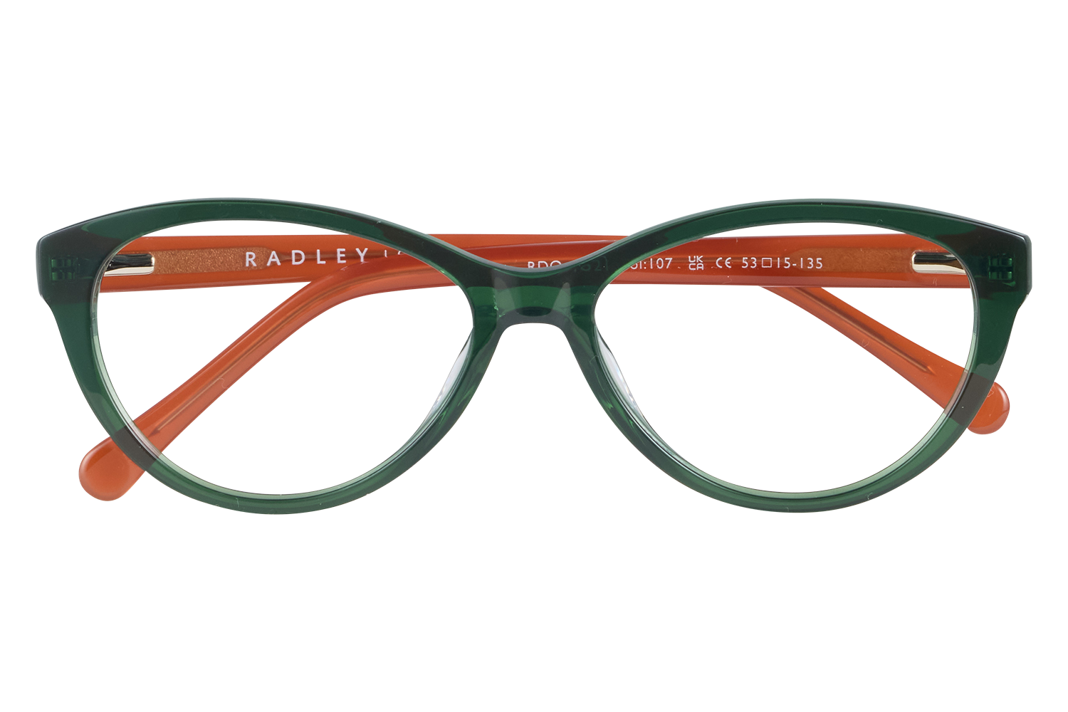 Green and orange eyeglasses on a clear display stand, with RADLEY on the arm.