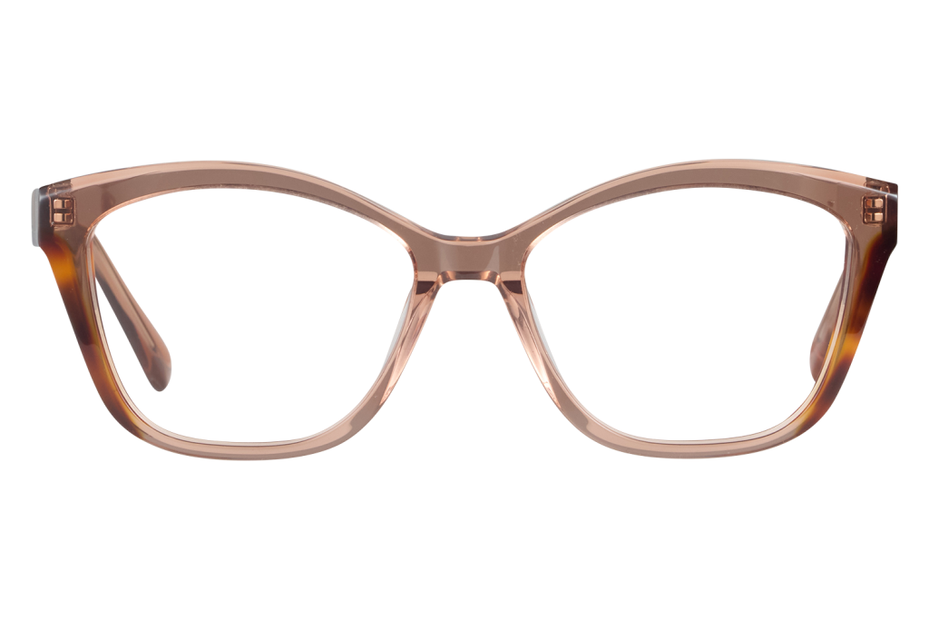 Pink translucent plastic eyeglasses with oversized rounded rectangular frames resting on a white surface against a light gray background.