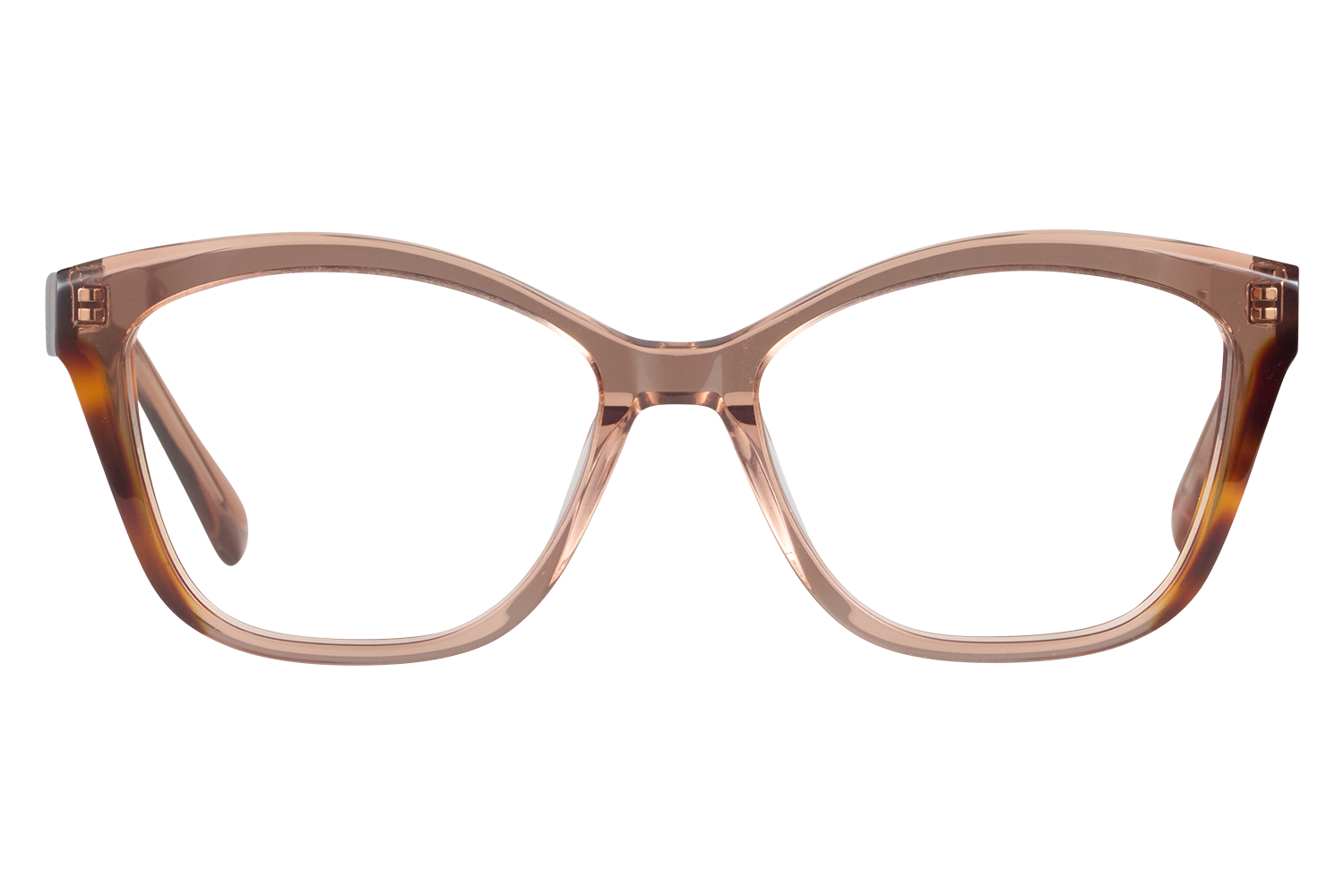 Pink translucent plastic eyeglasses with oversized rounded rectangular frames resting on a white surface against a light gray background.