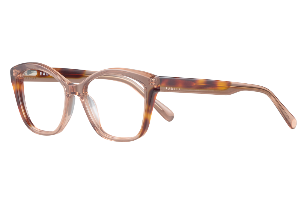Pink tortoiseshell eyeglasses with thick rectangular frames resting on a white surface; Radley branding visible on the temple.