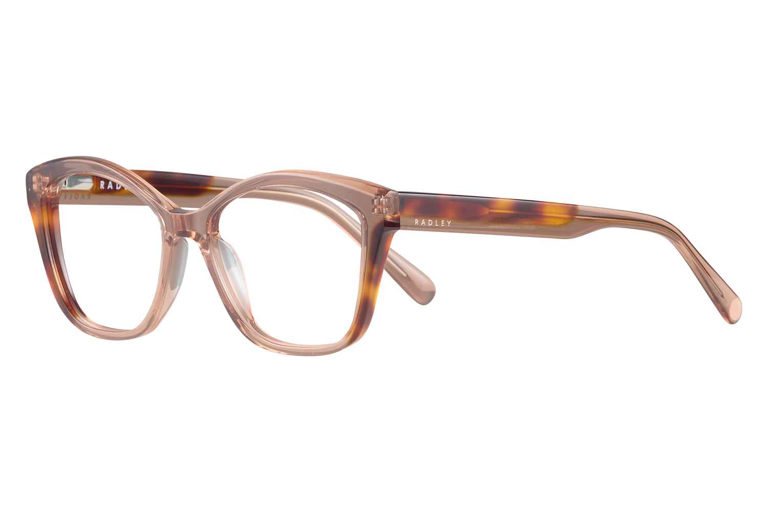 Pink tortoiseshell eyeglasses with thick rectangular frames resting on a white surface; Radley branding visible on the temple.