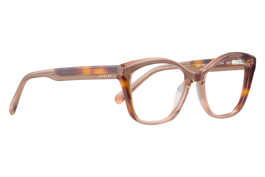 Pink translucent eyeglasses with tortoise accents, Radley logo on temple, laying on a white surface.