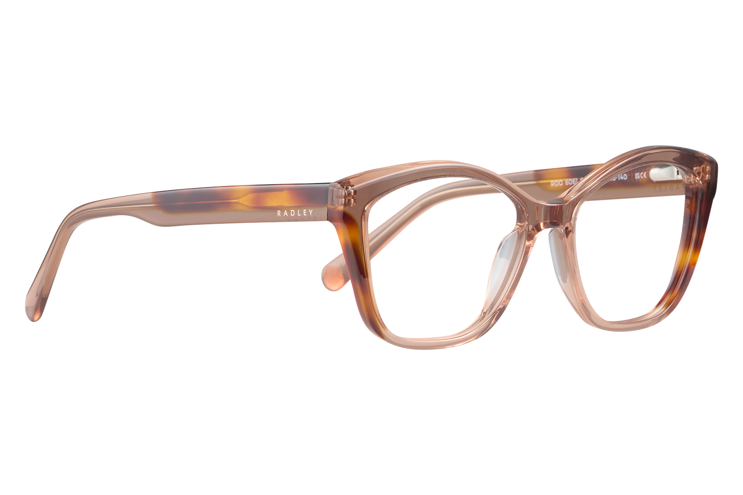 Pink translucent eyeglasses with tortoise accents, Radley logo on temple, laying on a white surface.