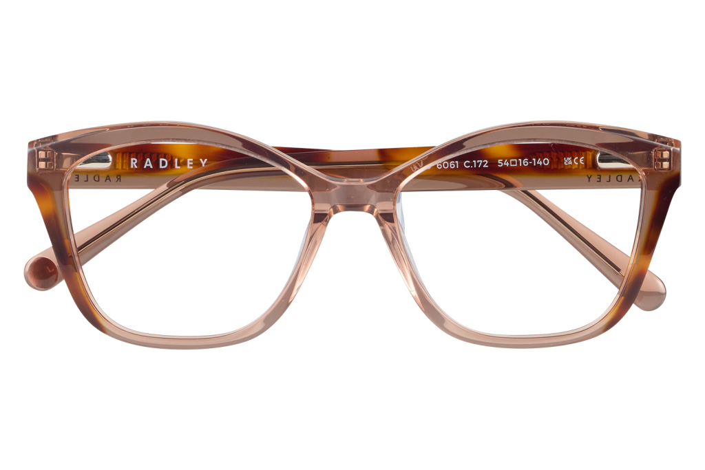 Pink translucent eyeglasses on a clear display stand with a gray background; temple reads 'RADLEY'.