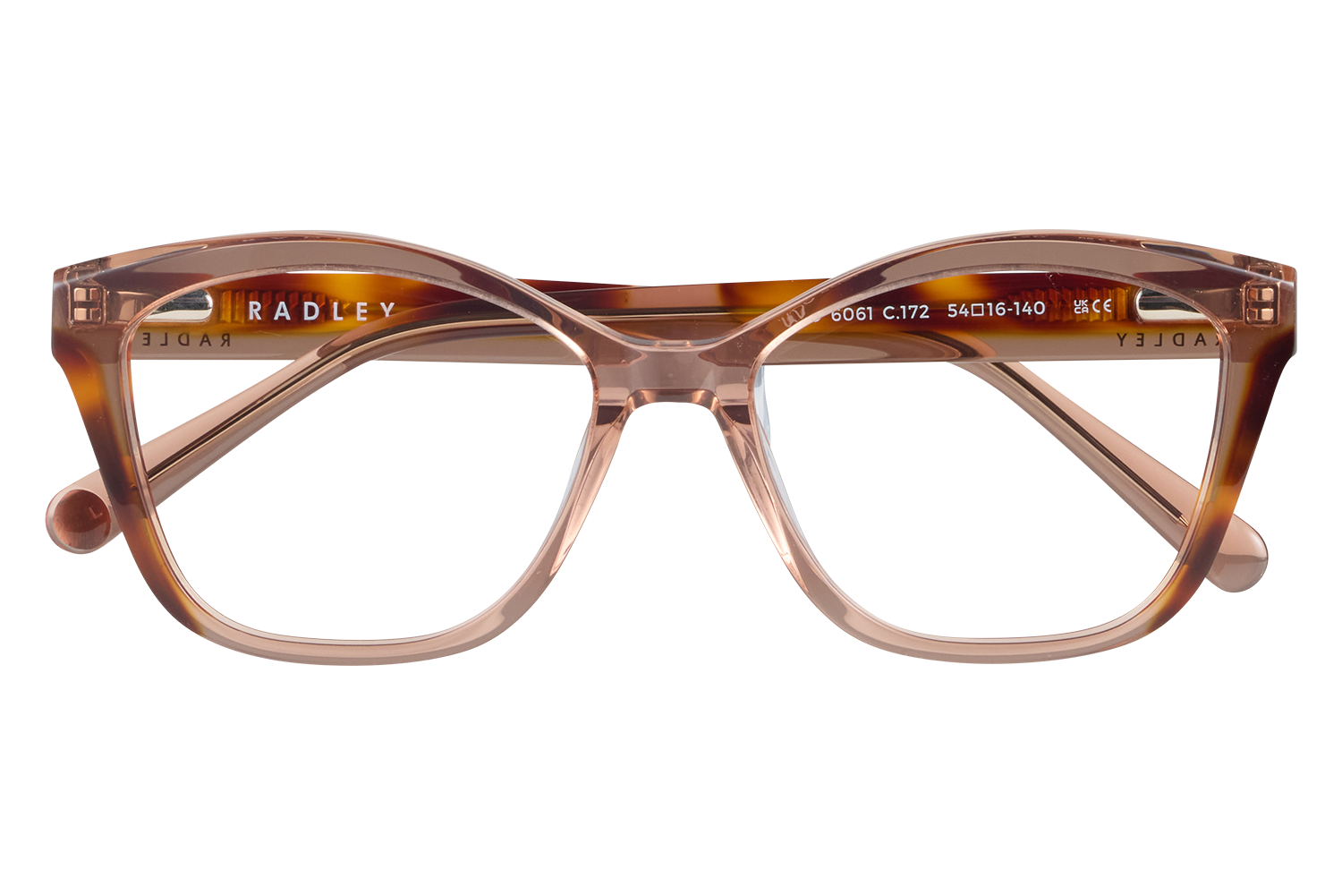 Pink translucent eyeglasses on a clear display stand with a gray background; temple reads 'RADLEY'.