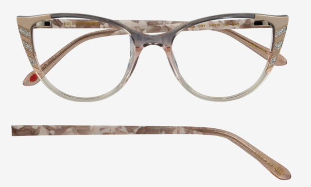 Pink tortoiseshell cat-eye eyeglasses with crystal-studded temples; front view with one temple arm detached.