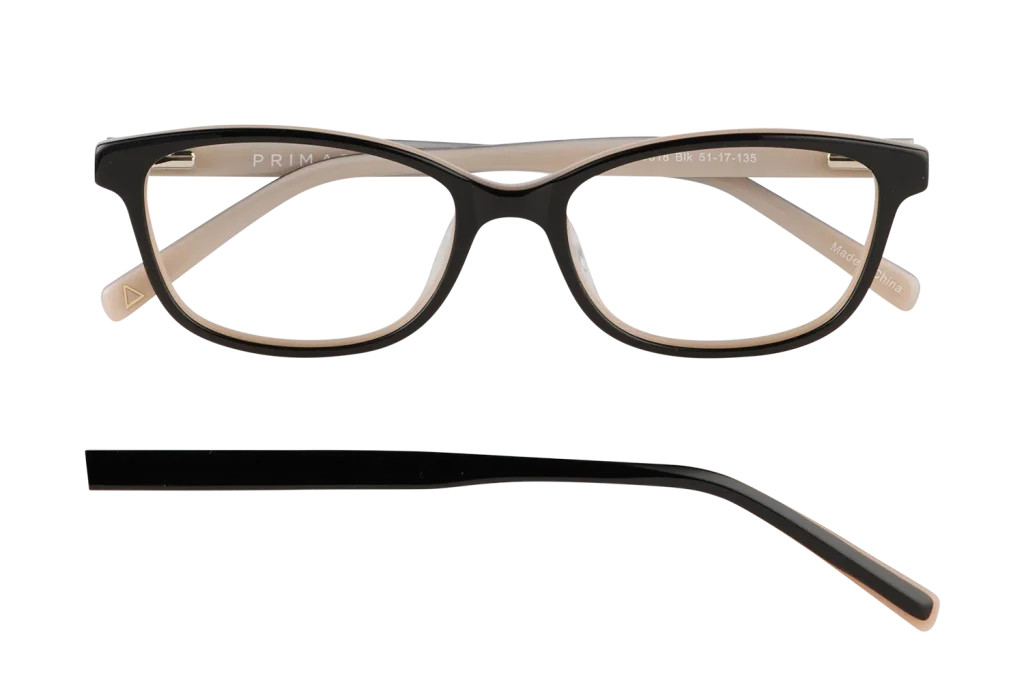 Black rectangular eyeglasses with beige temples, front and side view (product photo)