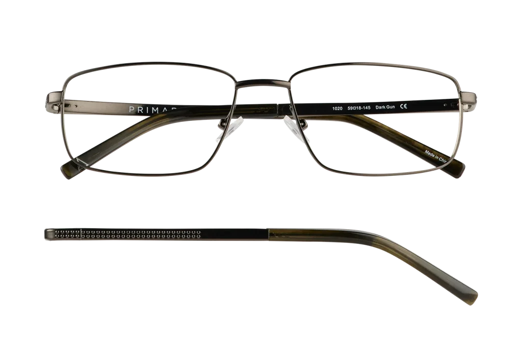 Metal-rimmed rectangular glasses viewed from the front with clear lenses and a dark brow bar across the bridge.