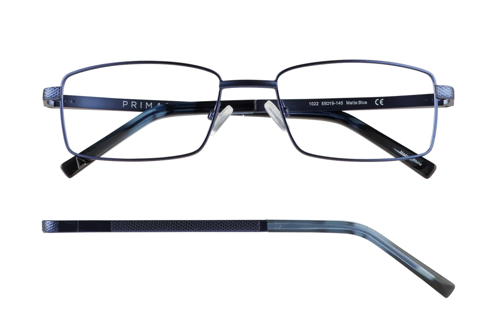 Blue metal rectangular eyeglasses with clear nose pads and textured temple tips.