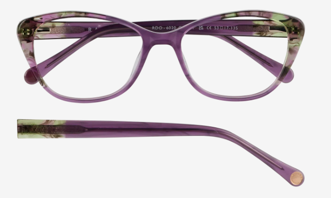 Front and side views of a purple gradient eyeglass frame with clear lenses, shown on a white background.