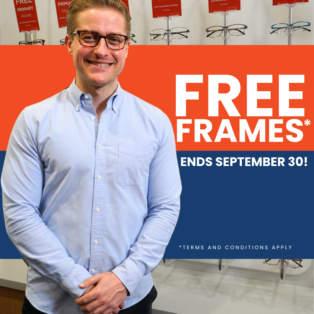 Smiling man in a light blue shirt stands in front of an orange and navy banner that says 'FREE FRAMES' and 'ENDS SEPTEMBER 30'.