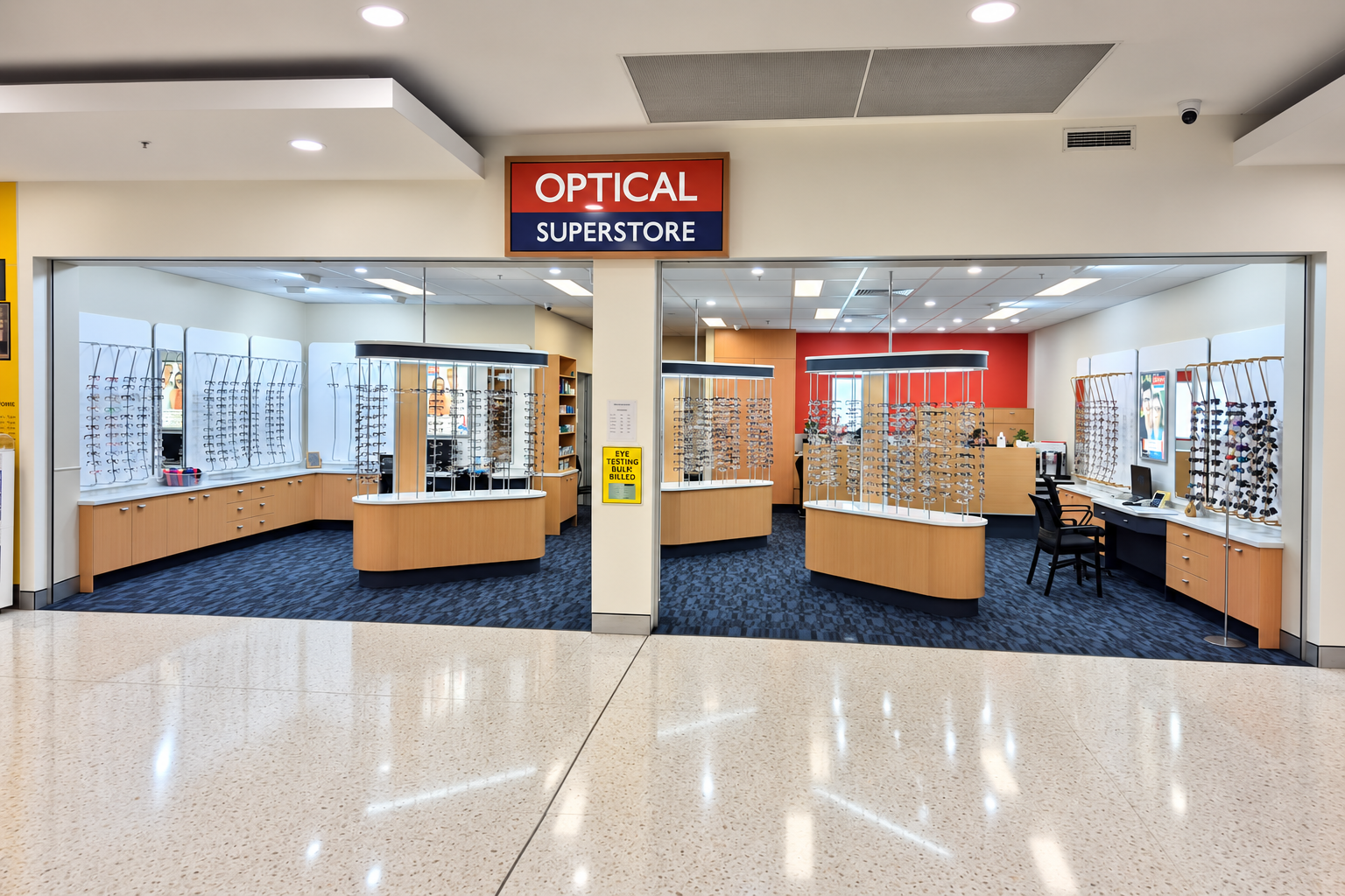 Inside an optical superstore with numerous eyeglasses on curved display counters, rows of frames on white panels, and a computer desk area to the right; sign reading 'OPTICAL SUPERSTORE' above the entrance.
