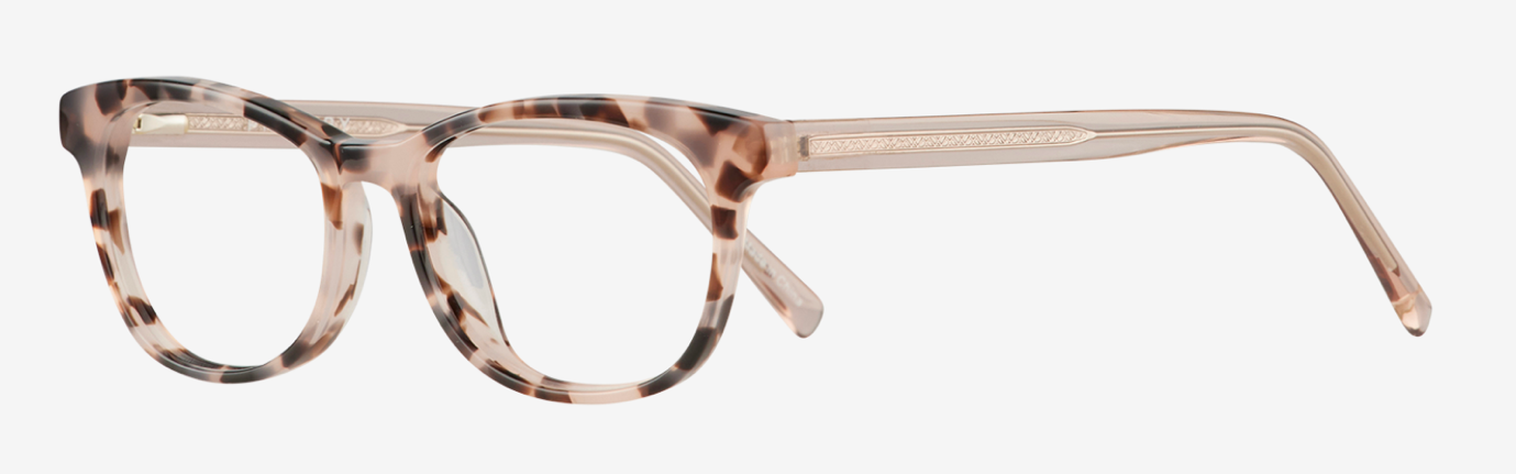 Tortoiseshell eyeglasses with translucent pink rims and patterned temples on a white background