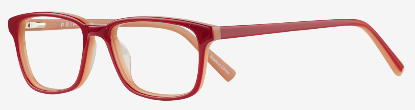 Red-orange rectangular eyeglasses with thick translucent frames and clear lenses.