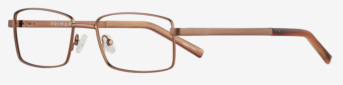 Brown rectangular metal eyeglasses with adjustable nose pads and slim temples on a white background.