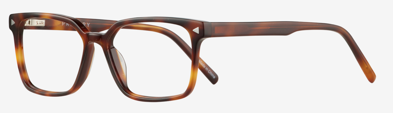 Tortoiseshell rectangular eyeglasses with thick frames and clear lenses on a white background for a classic look.