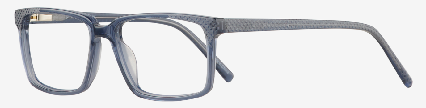Blue translucent rectangular eyeglasses frame shown from the side and front, with patterned temples.